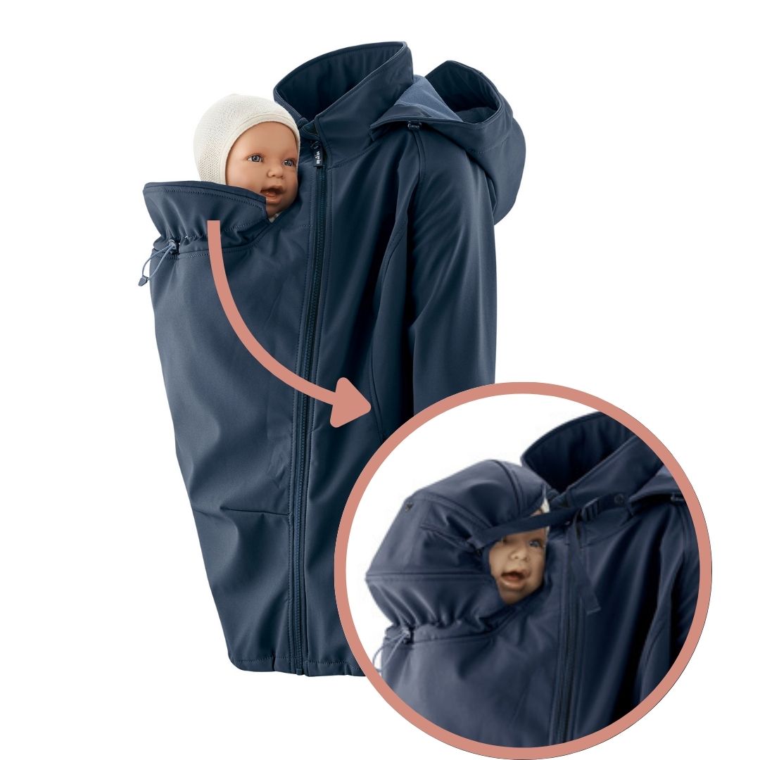 Wetterfeste Softshell Tragejacke mit Babykapuze Allrounder von mamalila in Blau, zum Babytragen vor dem Bauch & auf dem Rücken und für die Schwangerschaft