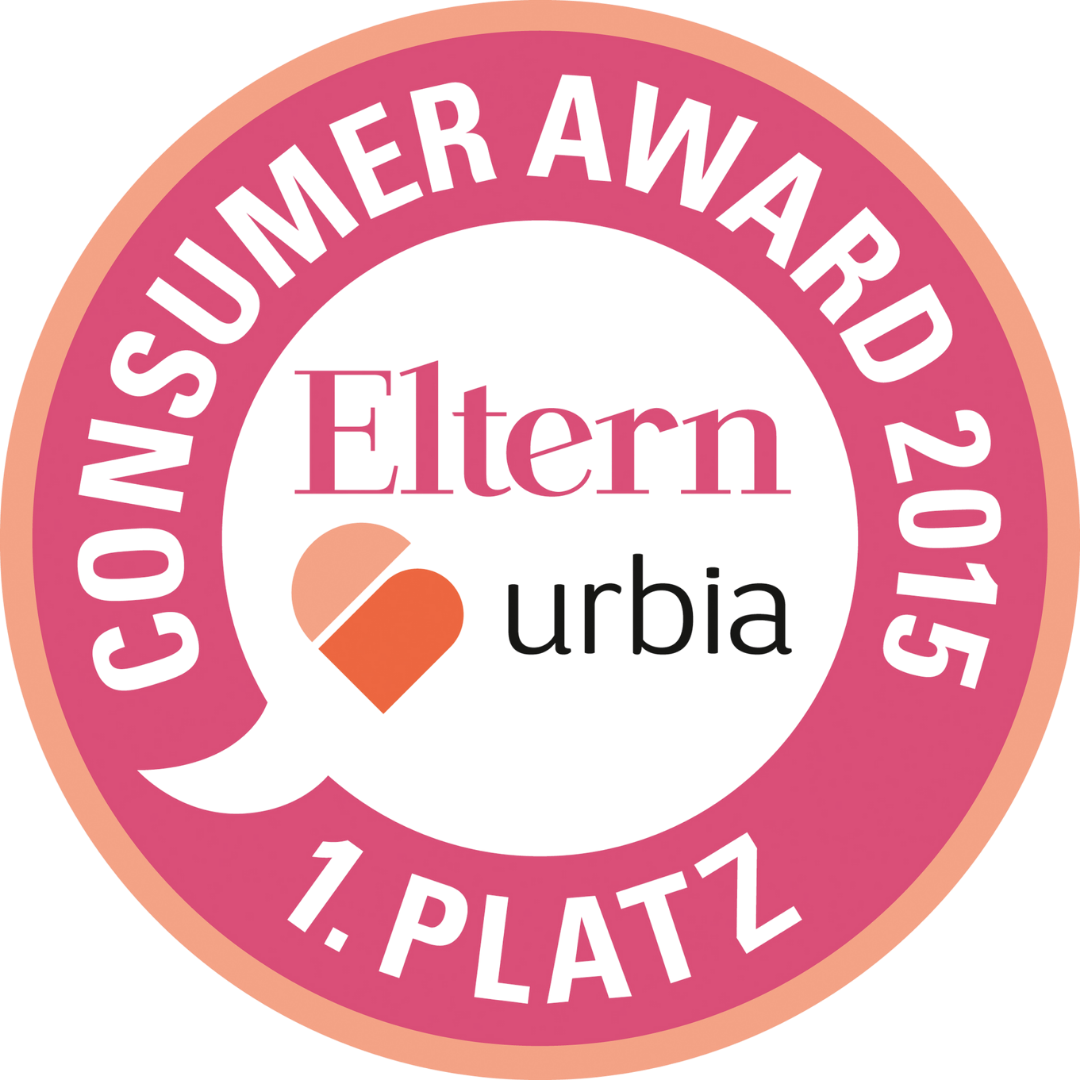 Badge rond « Eltern Consumer Award 2015 – 1ère place » avec cœur et logo urbia