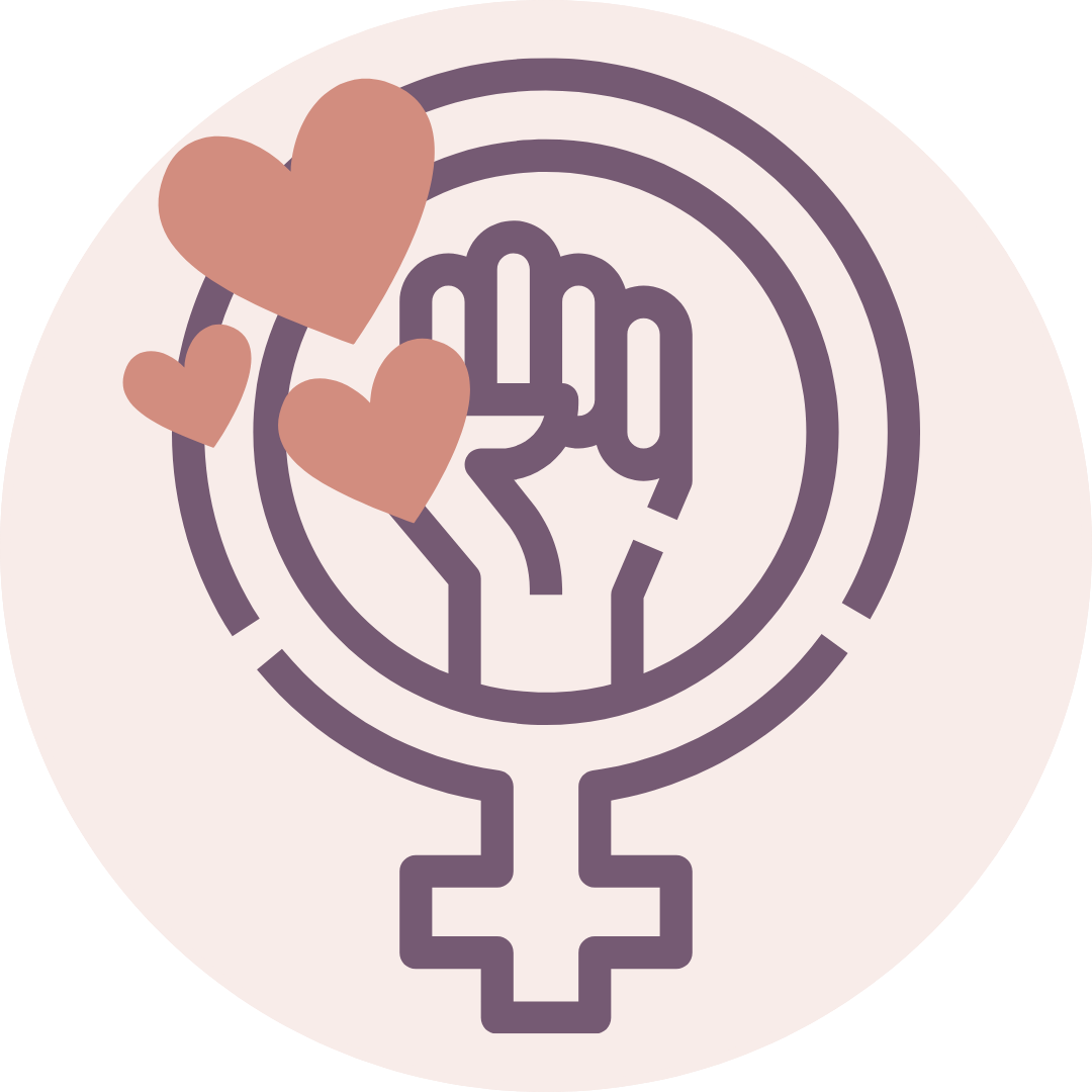 Illustration avec symbole de Vénus, poing levé et cœurs aux tons chauds