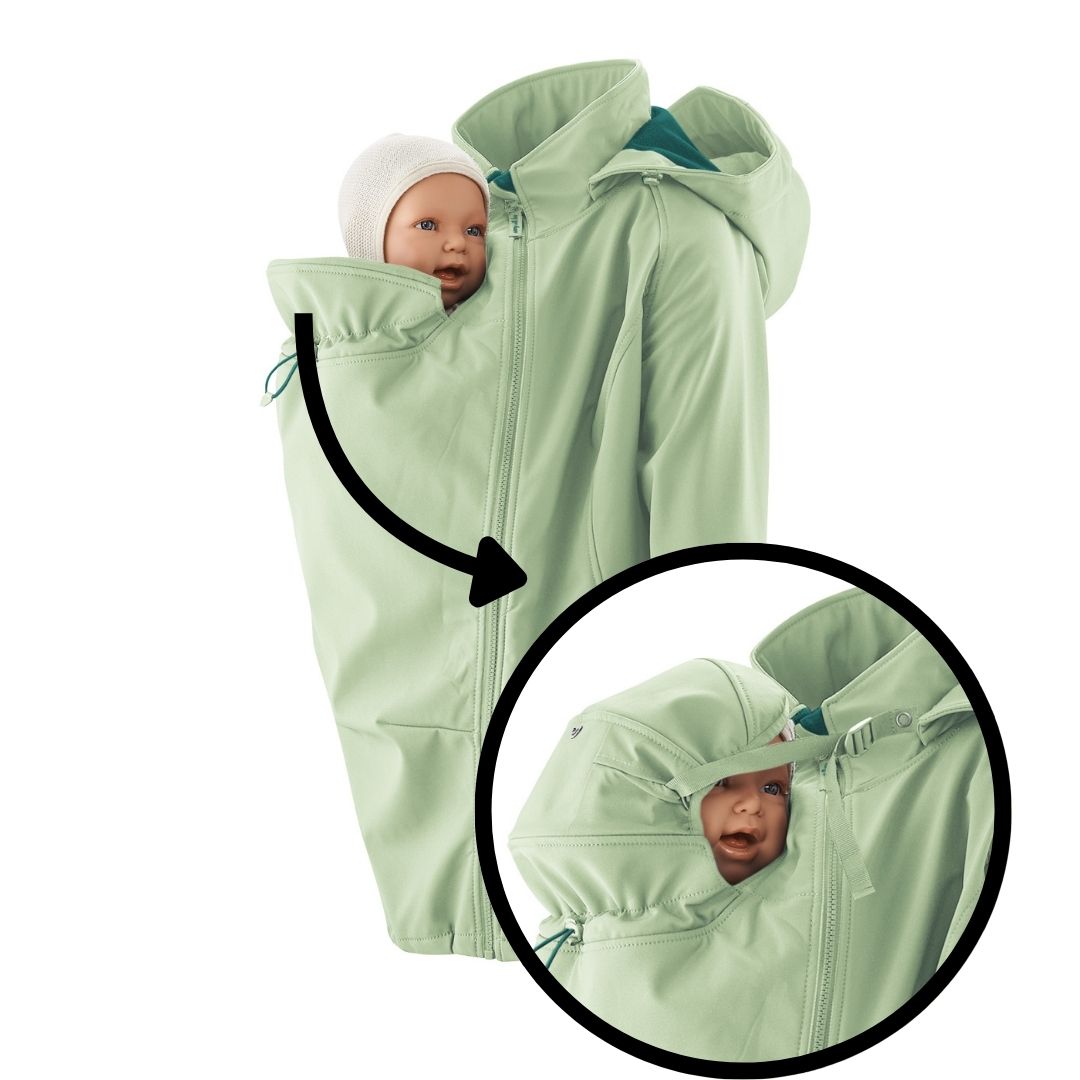 Wetterfeste Softshell Tragejacke Allrounder von mamalila in Grün, zum Babytragen vor dem Bauch & auf dem Rücken und für die Schwangerschaft