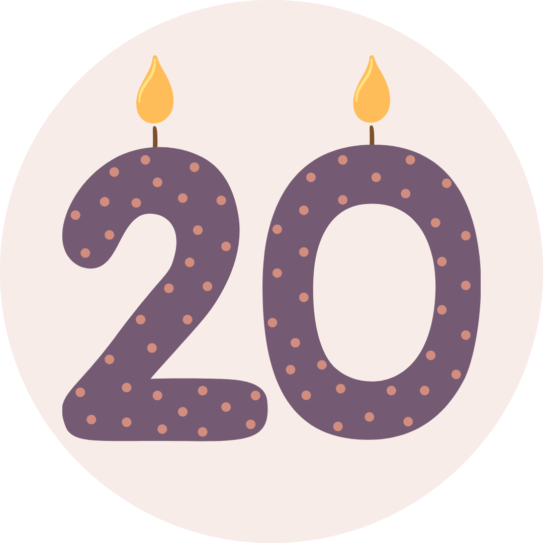 Nombre 20 illustré avec flammes de bougie et pois violets et roses