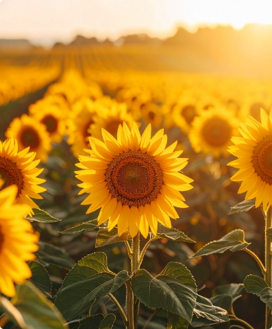 Champ de tournesols lumineux au coucher du soleil, fleurs jaunes à perte de vue