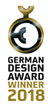 Sceau rond avec texte « German Design Award Winner 2018 » en noir et or