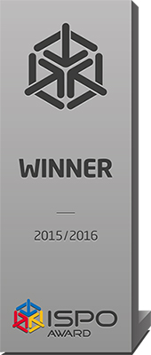Sceau gris ISPO Award « Winner 2015/2016 » avec symbole géométrique et logo coloré
