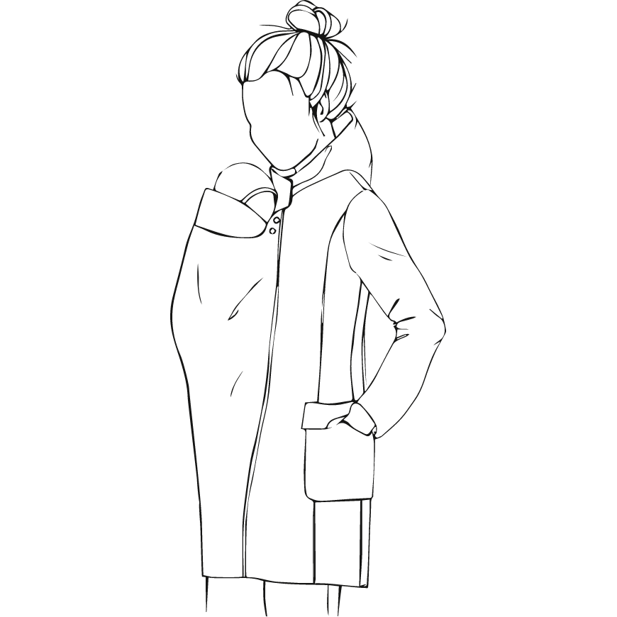 Dessin au trait d’une maman portant bébé en veste de portage, vue de côté