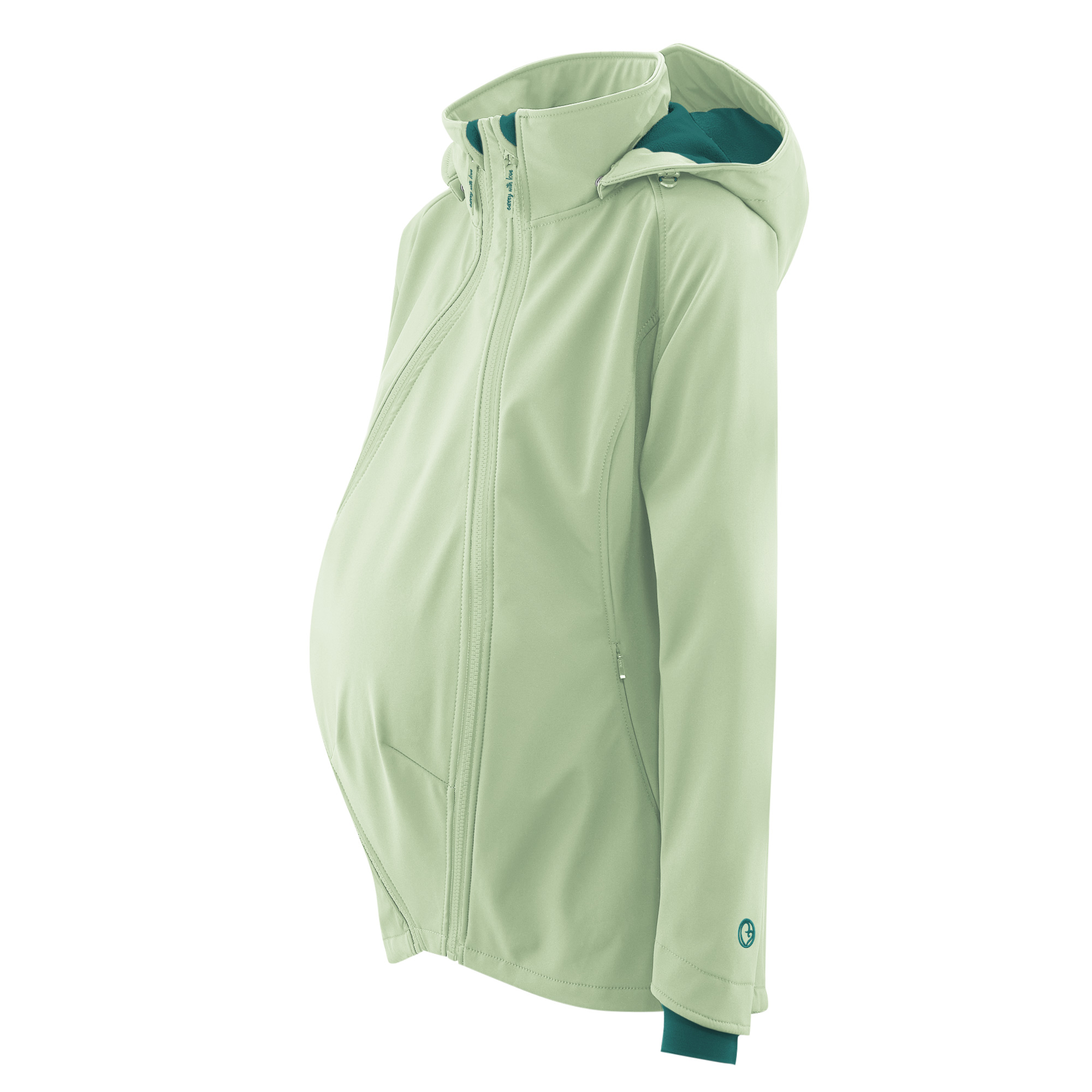 Wetterfeste Softshell Tragejacke Allrounder von mamalila in Grün, für die Schwangerschaft, zum Babytragen vor dem Bauch & auf dem Rücken und Solo